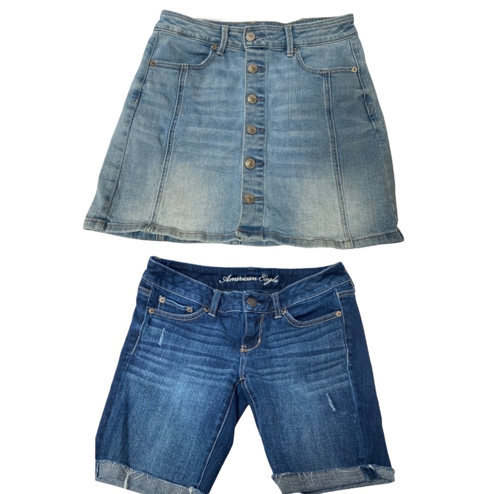 Lot of 2 American Eagle Dark Stretch Jean Shorts Light Denim A-line Mini Skirt 4